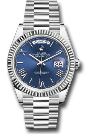 Replica Rolex Platinum Day-Date 40 Watch 228236 Fluted Bezel Bright Blue Roman Dial President Bracelet